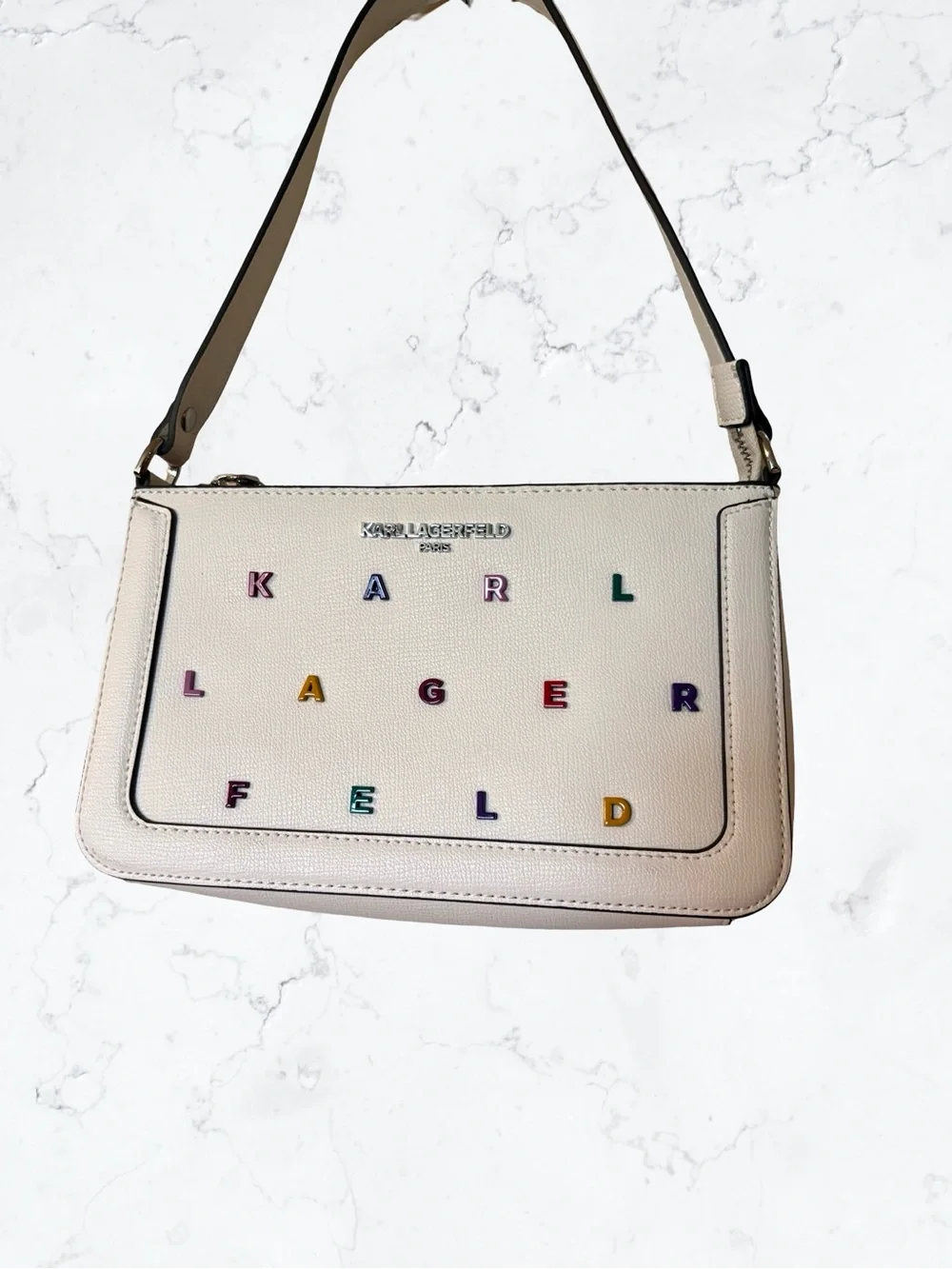 Karl Lagerfeld White Leather Crossbody Bag with Multicolor Lettering